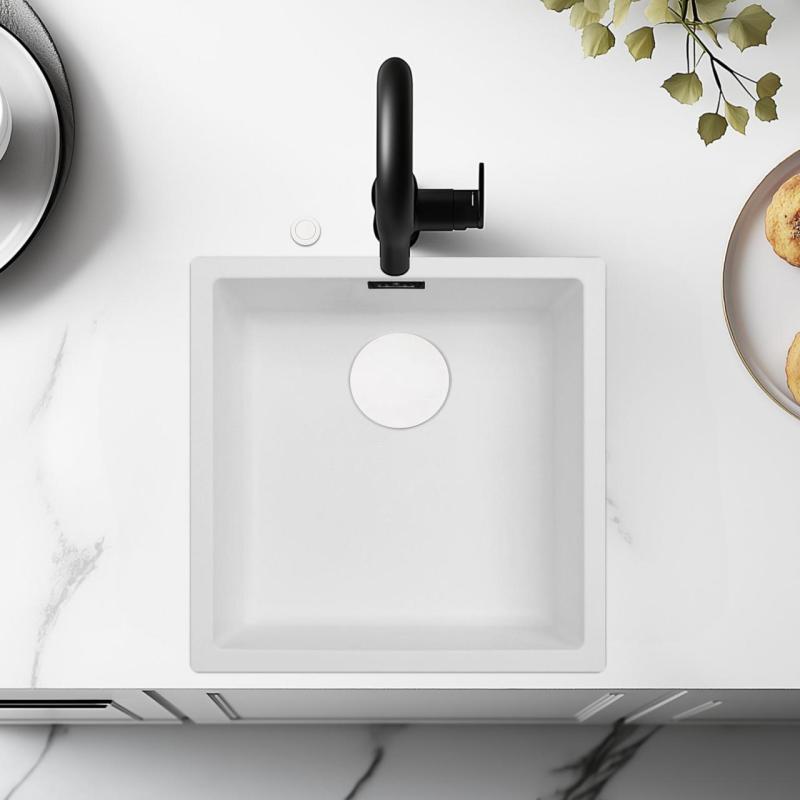 Ausmann Fiber weißes Spülbecken 40x40cm Unterbau, Aufbau und Flacheneinbau mit automatischem weißem Plug 1208971896