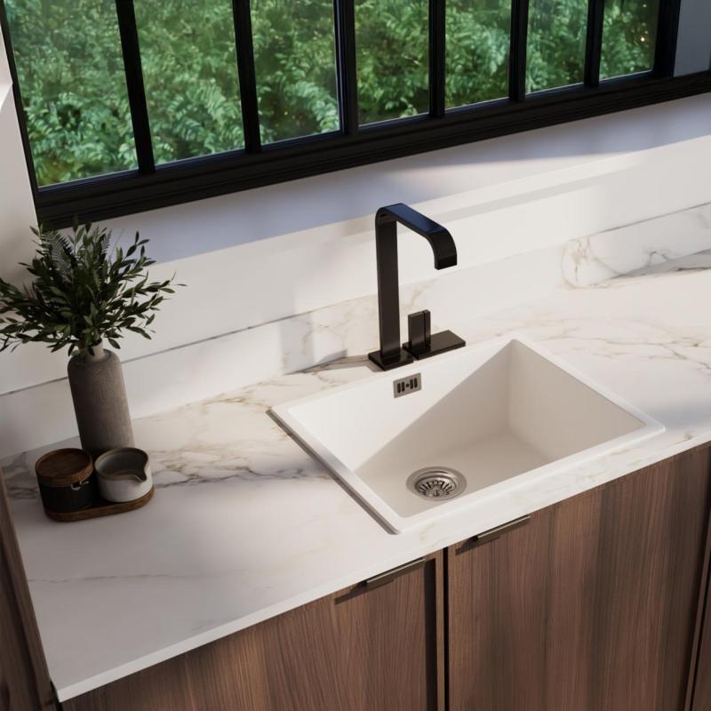 Ausmann Faser weißes Spülbecken 50x40cm Unterbau, Aufbau und flächenbündiger Einbau mit automatischem Edelstahlstöpsel 1208971898