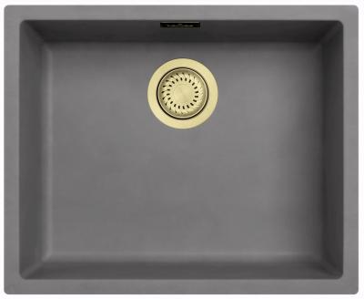 Ausmann Faserbeton graues Spülbecken 50x40cm für Unterbau, Aufbau und flächenbündigen Einbau mit automatischem goldenen Stopfen 1208971918