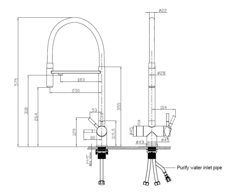 Pure.Sink Elite Steel Flex 3-Wege PVD Gun Metal Küchenarmatur mit flexiblem Auslauf und gefiltertem Wasser PS8110-61