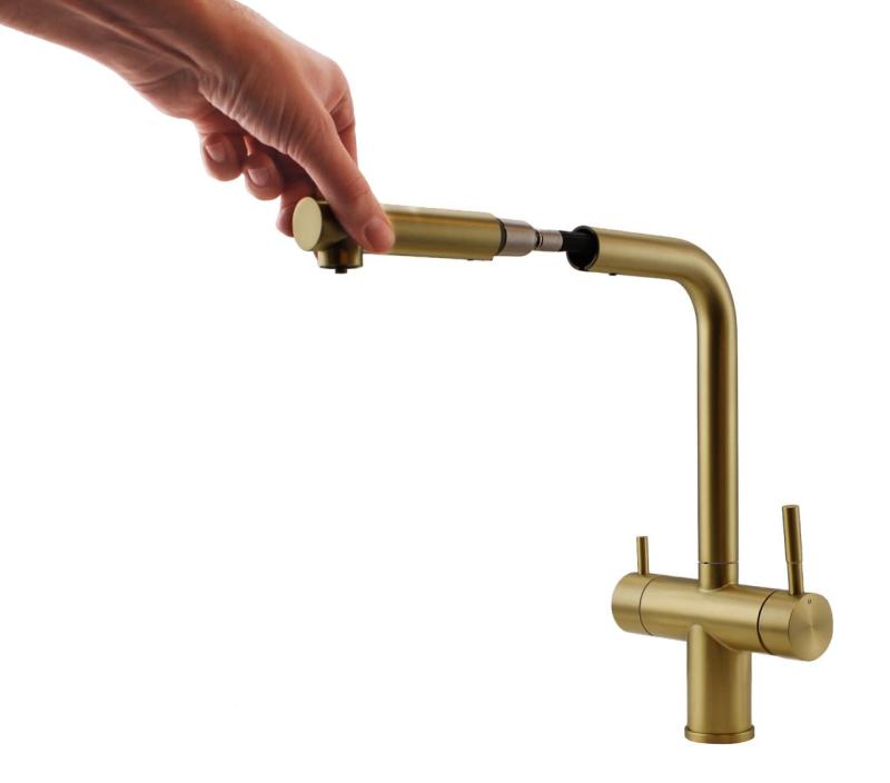 Pure.Sink Elite Steel Clear-S PVD gebürstetes Gold 3-Wege Küchenarmatur mit Ausziehbarer Auslauf und Gefiltertes Wasser PS8120-60