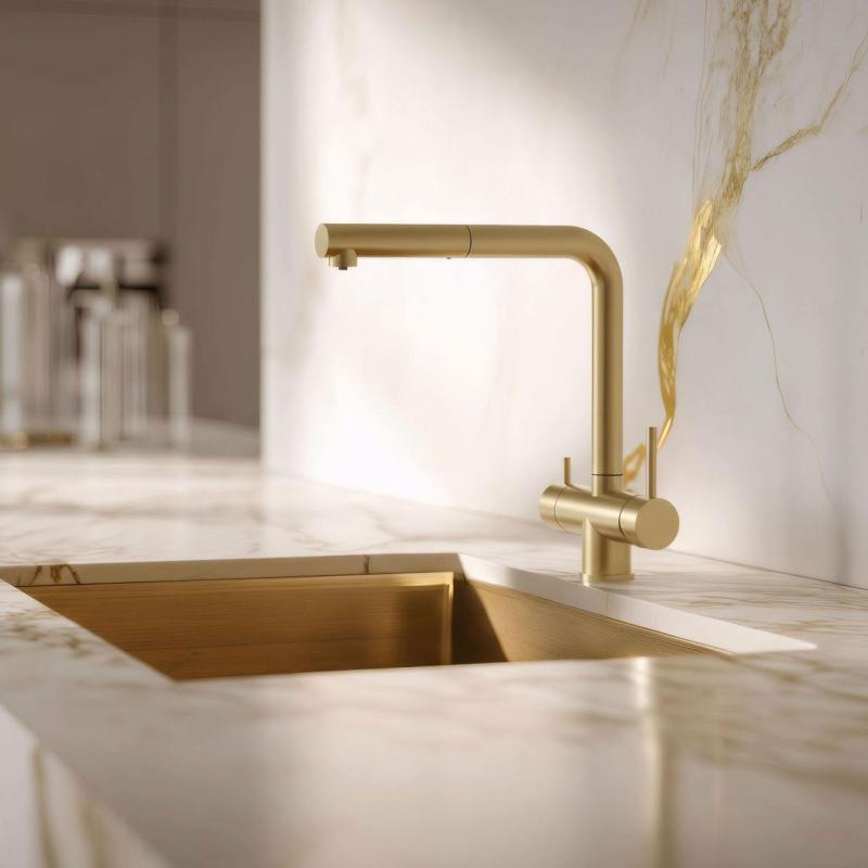 Pure.Sink Elite Steel Clear-S PVD gebürstetes Gold 3-Wege Küchenarmatur mit Ausziehbarer Auslauf und Gefiltertes Wasser PS8120-60