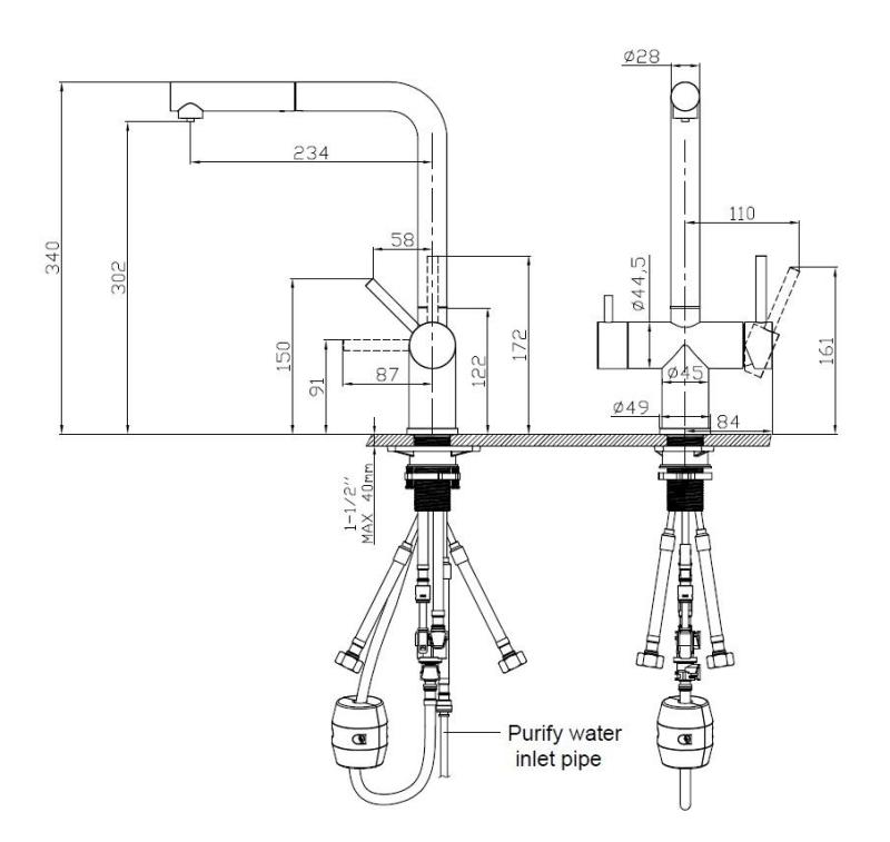 Pure.Sink Elite Steel Clear-S PVD gebürstetes Gold 3-Wege Küchenarmatur mit Ausziehbarer Auslauf und Gefiltertes Wasser PS8120-60