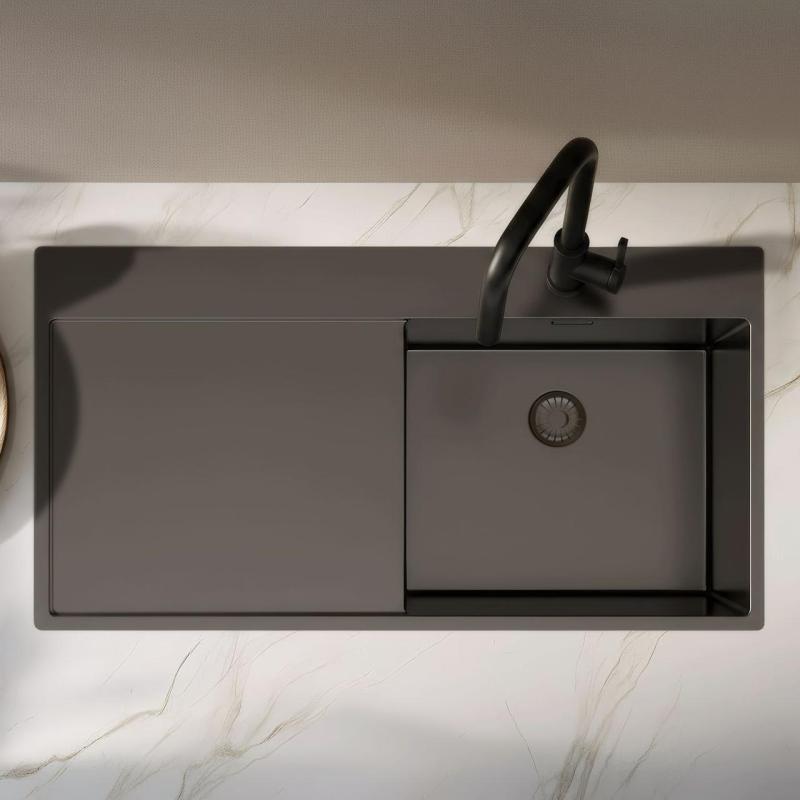 Pure.Sink Exclusivo Gun Metal Spülbecken mit Abtropffläche 100 x 52 cm Wasserhahn rechts PEX47100RT-61