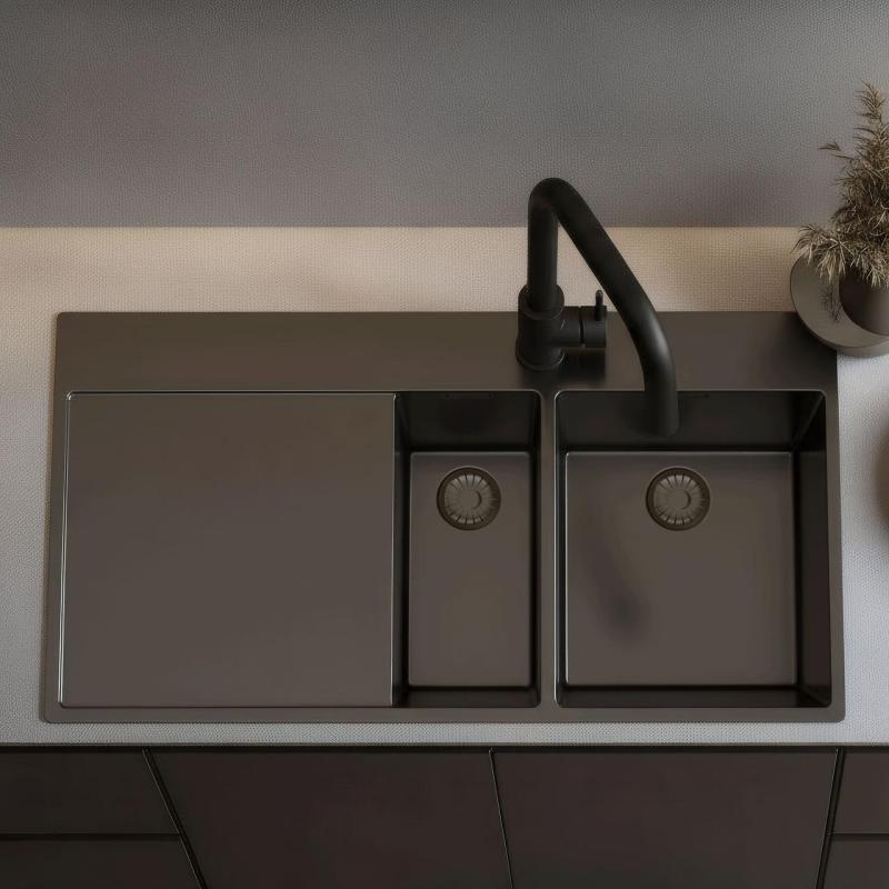 Pure.Sink Exclusivo Gun Metal 1,5  Spülbecken mit Abtropffläche 100 x 52 cm Wasserhahn rechts PEX3418100RT-61