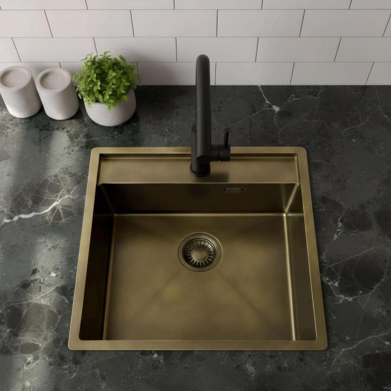 Pure.Sink Luxion PVD Antik Bronze Spülbecken 51x50 cm Tapwing mit Hahnlochbank und Bodenrost PLX5150T-64