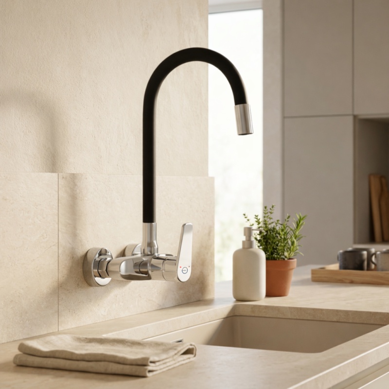 Aquanello Casa Wand-Küchenarmatur Chrom mit hohem flexiblem Auslauf CR-1301-CS