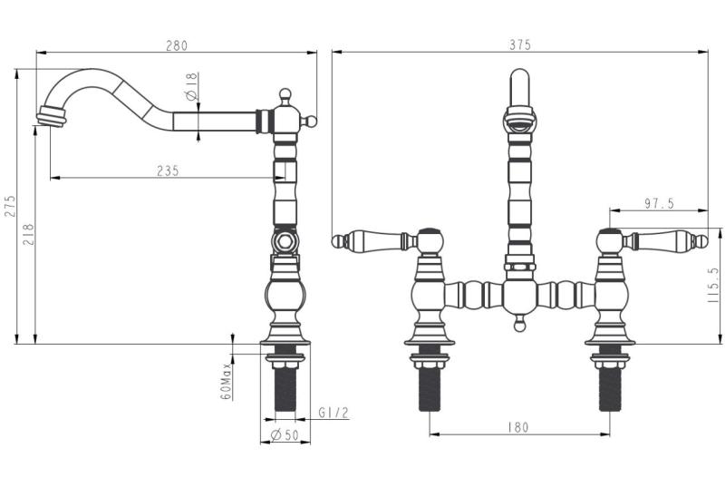 Aquanello Heritage Manor Klassische Küche – Nostalgische Brückenarmatur in Bronze mit weißem Hebel BN-0010-HM