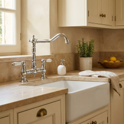 Aquanello Heritage Manor Klassische Küche Nostalgische Brücke Küchenarmatur Chrom mit weißem Hebel CR-0010-HM