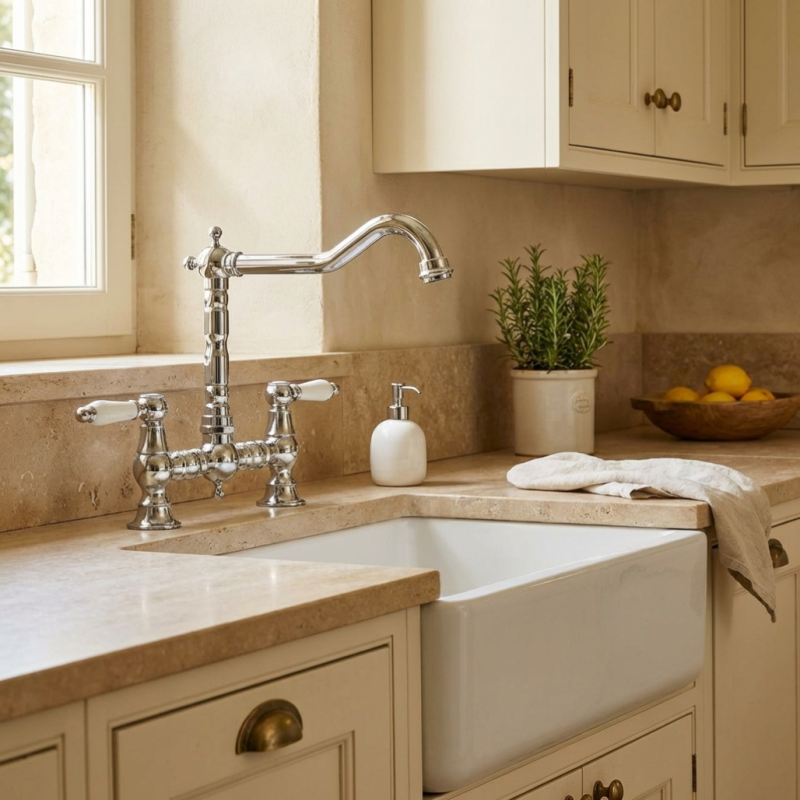 Aquanello Heritage Manor Klassische Küche Nostalgische Brücke Küchenarmatur Chrom mit weißem Hebel CR-0010-HM