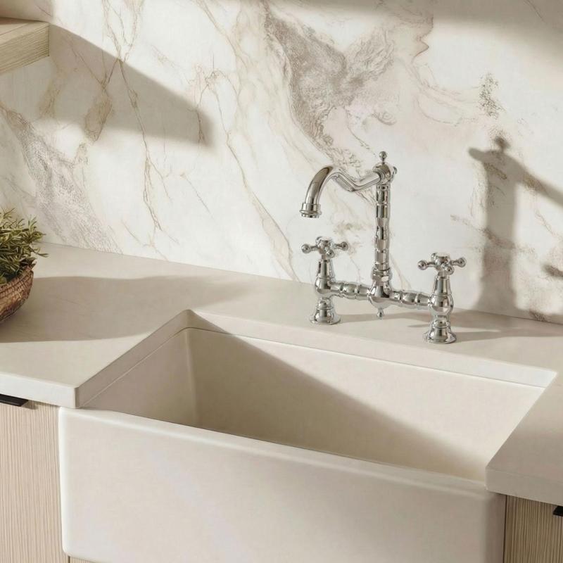 Aquanello Heritage Ascot Klassische Küche – Nostalgischer Brücken-Küchenarmatur aus Chrom mit Kreuzgriffen CR-0011-HA