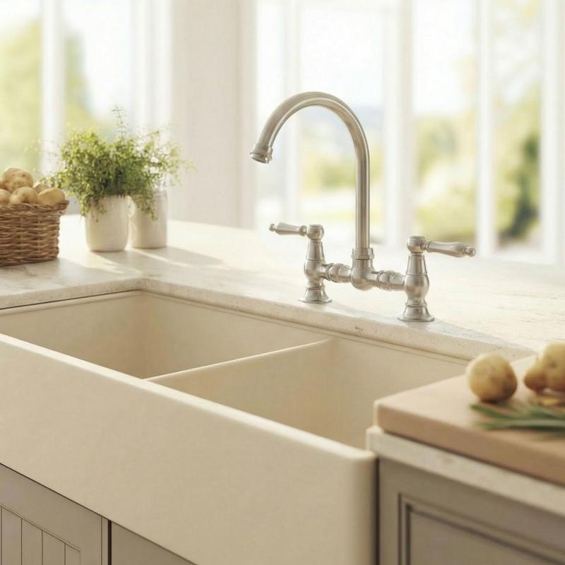 Aquanello Heritage Manor Klassische Küche – Nostalgische Brückenarmatur in Chrom mit weißem Hebel und rundem Auslauf CR-4001-HM