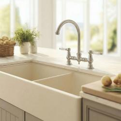 Aquanello Heritage Manor Klassische Küche Nostalgischer Brücken-Küchenhahn aus Edelstahl mit weißem Hebel und rundem Auslauf NB-0011-HM