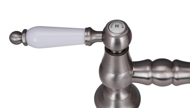 Aquanello Heritage Manor Klassische Küche Nostalgischer Brücken-Küchenhahn aus Edelstahl mit weißem Hebel und rundem Auslauf NB-4001-HA