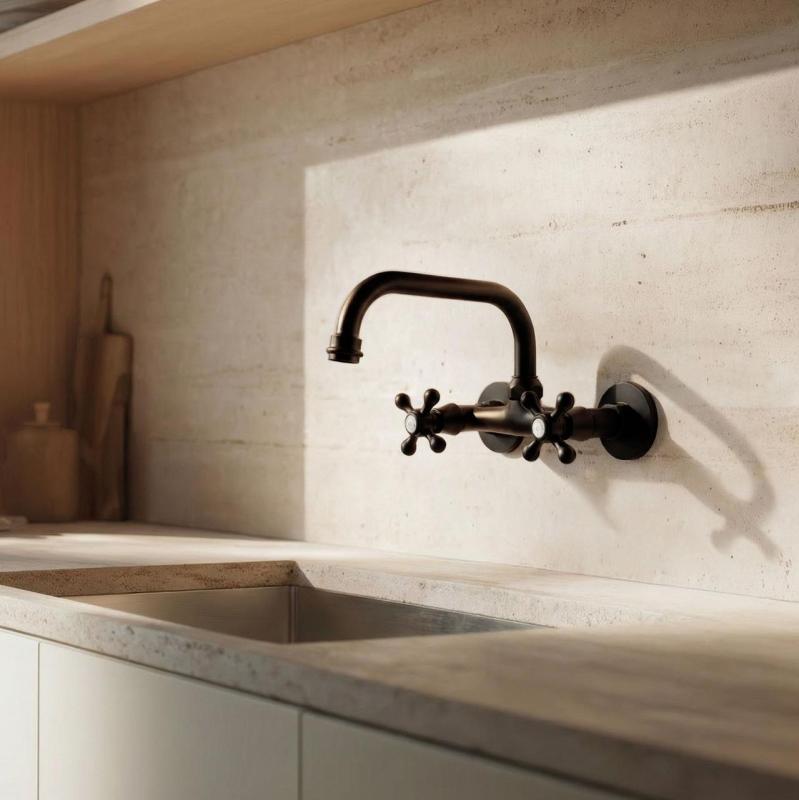 Aquanello Heritage Ascot Klassische Küchenwandarmatur mit Auslauf oben, schwarz BL-4110-HA