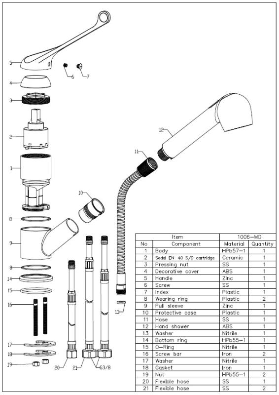 Aquanello Medic Küchenarmatur mit langem Hebel und ausziehbarem Auslauf, Chrom CR-1006-MD